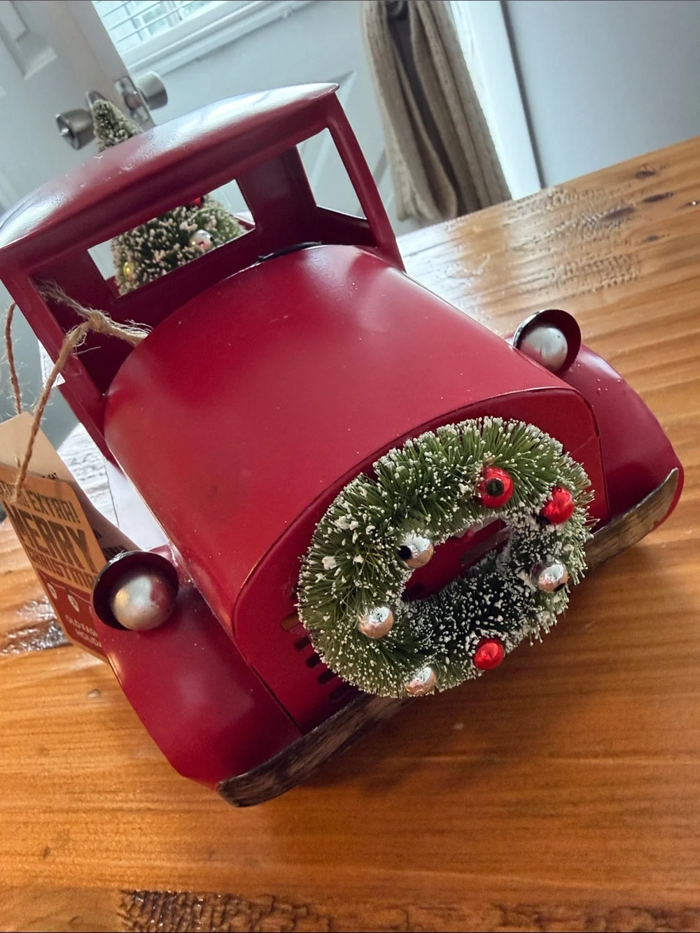 Red Holiday Metal Truck Decor with Wreath - Rustic Home Holiday Accent